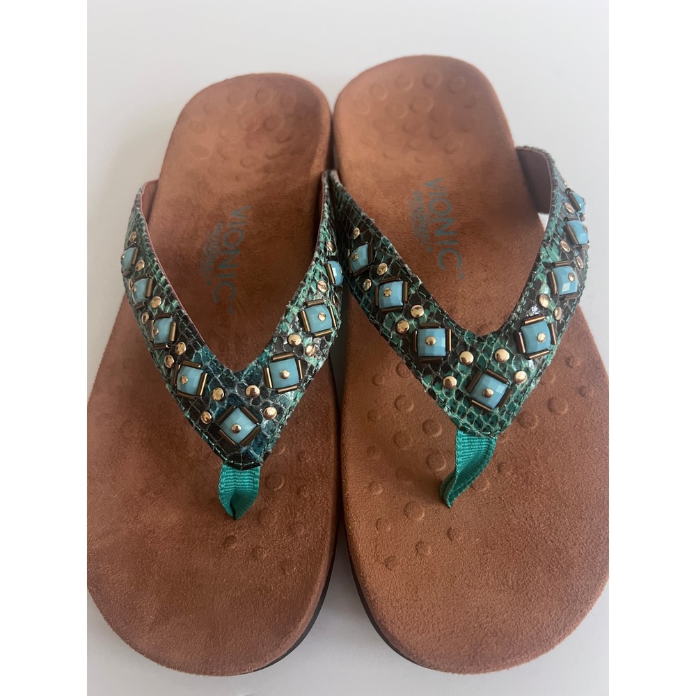 Vionic Floriana Teal Snakeskin Turquoise Studded Sandals 340FLORIANA Size 8